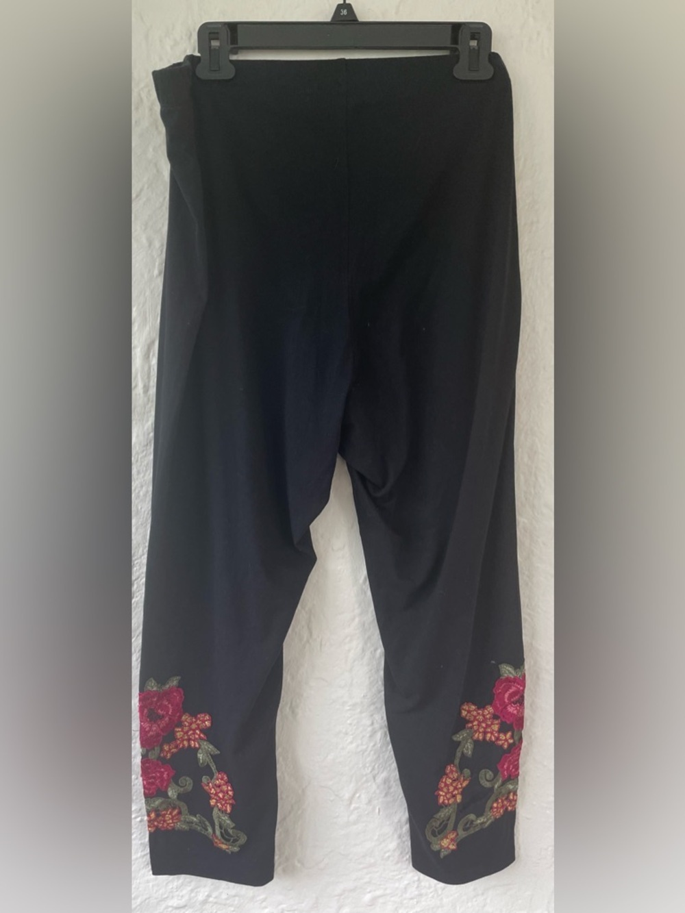 Emma Simply black pull on comfort leggings floral embroidered bottom sides; 3X